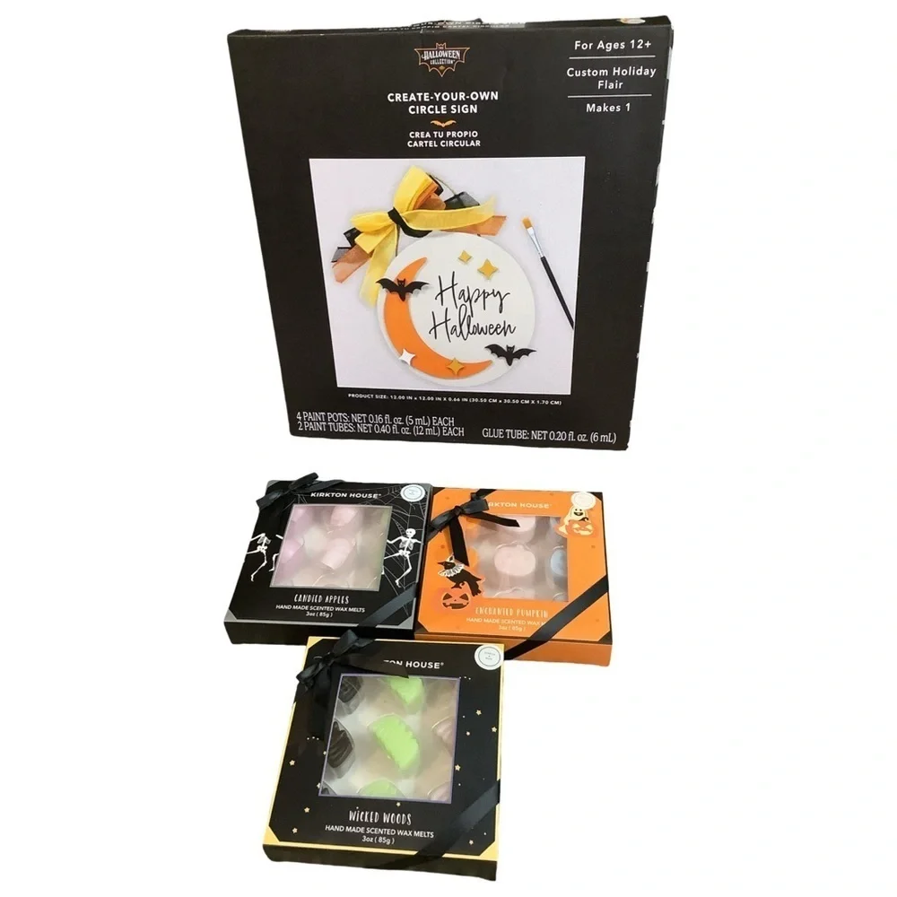 Wicked Woods Wax Melts Bundle (3) & Happy Halloween Circle Sign Kit. New in Box